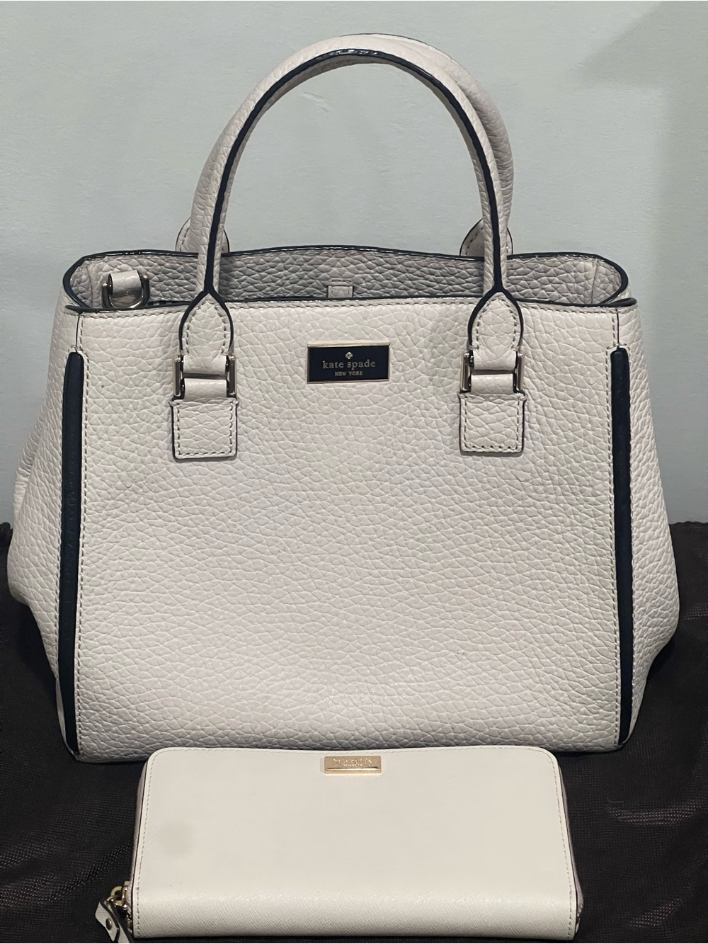 kate spade White Pebbled Leather Satchel with Black Trim